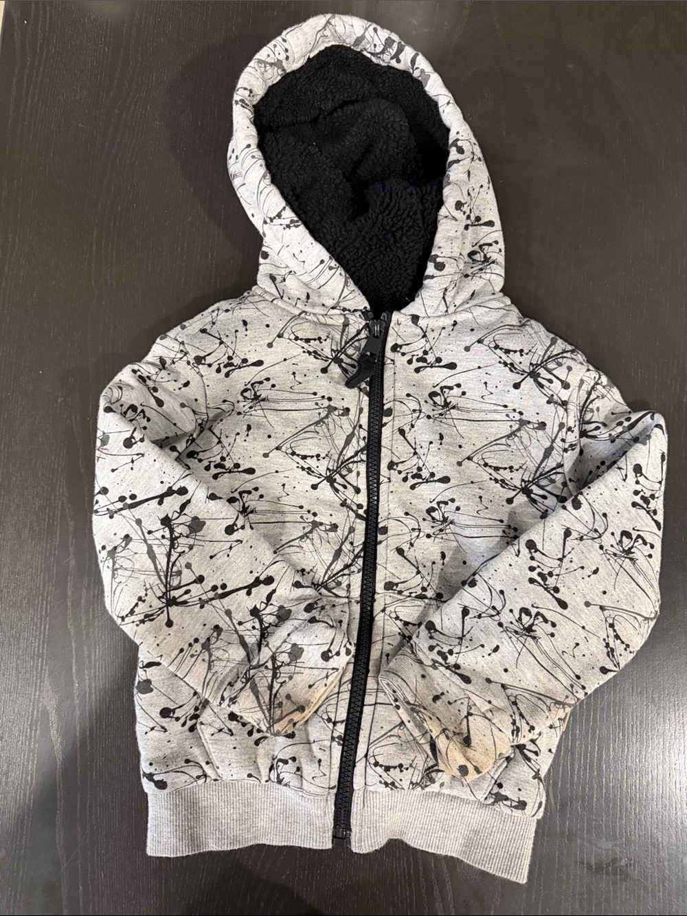 Kids Grey Paint-Splatter Zip Hoodie with Sherpa Lining